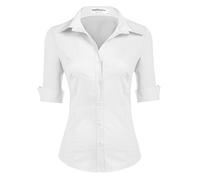 Hotouch Camicetta da Donna con Manica a 3/4 Camicia con Scollo a V Camicetta di Base Slim Fit con Knop Bar Tops Casual Cotone Bianco L