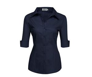 Hotouch Camicetta da Donna con Manica a 3/4 Camicia con Scollo a V Camicetta di Base Slim Fit con Knop Bar Tops Casual Cotone Blu Navy XL