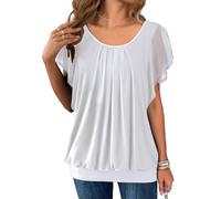 Hotouch Maglietta da donna a maniche corte, a doppio strato, in rete, girocollo, con maniche ad ali, tunica, estiva, elegante, bianco, M