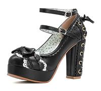 HOTRA Scarpe Lolita da Principessa in Pizzo con Fiocco Tacchi Alti da Donna Décolleté con Cinturino alla Caviglia Scarpe Eleganti con Plateau (Color : Nero, Size : 40 EU)