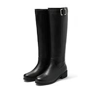 HOTRA Stivali al Ginocchio da Donna Polpaccio Largo Tacco Grosso Punta Rotonda Pelle Stivali da Combattimento Motociclista Stivali Invernali in Peluche Caldi (Color : Black, Size : 33 EU)