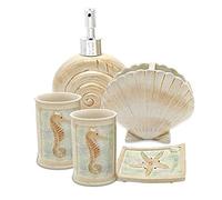 HotSan bathroom accessory Set di 5 conchiglie da spiaggia con dispenser per sapone, portasapone, bicchiere, portaspazzolino, set in poliresina avorio per uomo, donna, bambini