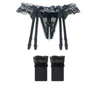 HOTSO Bretelle, Sospensioni Supporto per Bretelle Coscia con Stringa Cintura Giarrettiera in Pizzo Reggiseni Regolabili 2-TLG Set Calze a Corda G (Nero)