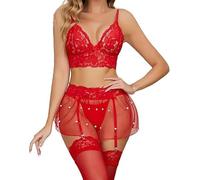 HOTSO Donna Lingerie Set di Biancheria Intima in Pizzo 3 Pezzi con Reggiseno Push Up Scollo V Profondo Minigonna in Organza con Perizoma e Giarrettiera, Babydoll Transparente Completi Intimi Pijiama