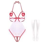 HOTSO Femme Ensemble de Lingerie Nurse Costume Cosplay Outfits Uniforme d'infirmière Tenue de Nuit, Teddy Babydoll Roleplay Bikini Trois Poits Robe Coquine avec Bas pour fête d'Halloween Clubwear