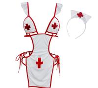 HOTSO Femme Sexy Nurse Ensemble de Lingerie Tenue Infirmière Mini Nuisette Lingerie Cosplay en Dentelle, Babydoll Bikini Trois Points Cosplay Coquine Robe Vêtements de Nuit pour Femme Halloween