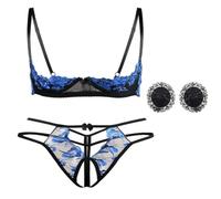 HOTSO Set di lingerie da donna, in pizzo a rete floreale, lingerie sexy, babydoll 2 pezzi, embroidered Demi, mezza coppa push up, set di reggiseno e slip regolabili, Blu, Taglia unica