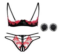 HOTSO Set di lingerie da donna, in pizzo a rete floreale, lingerie sexy, babydoll 2 pezzi, embroidered Demi, mezza coppa push up, set di reggiseno e slip regolabili, Colore: rosso, Taglia unica