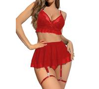 HOTSO Sexy Conjuntos de Lencería para Mujer 3 Piezas Malla Tranasparente Encaje con Aros Push Up Sujetador Minifalda con Tanga y Liguero, Teddy Babydoll Ropa Interior de Cintura para Dormir