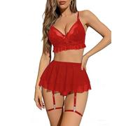 HOTSO Sexy Conjuntos de Lencería para Mujer 3 Piezas Malla Tranasparente Encaje con Aros Push Up Sujetador Minifalda con Tanga y Liguero, Teddy Babydoll Ropa Interior de Cintura para Dormir