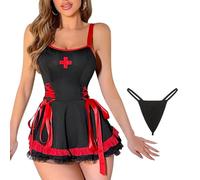 HOTSO Sexy Femme Nurse Cosplay Costume Uniform Lingerie Déguisement Jupe d'infirmière à Bretelles, Teddy Babydoll Fancy Dress Nuisette Robe Coquine Adulte Underwear avec Couvre-chef Taille Unique