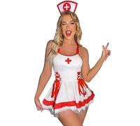 HOTSO Sexy Femme Nurse Cosplay Costume Uniform Lingerie Déguisement Jupe d'infirmière à Bretelles, Teddy Babydoll Fancy Dress Nuisette Robe Coquine Adulte Underwear avec Couvre-chef Taille Unique