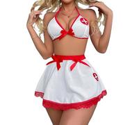 HOTSO Sexy Femme Tenu Infirmière Cosplay Ensemble de Lingerie à Nœud Dentelle Teddy Babydoll avec Soutien-Gorge Dos Nu String Mini Jupe Coquine Deguisement Ensemble Érotique Chambre Robe