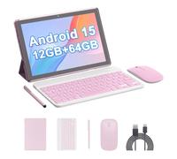 HOTTABLET Tablet Android 15 da 10 pollici, 10 (4+6 espandi) GB RAM+64 GB ROM, doppia fotocamera da 2+8 MP, batteria 6000 mAh (tablet+custodia+stilo+beyboard+mouse), rosa
