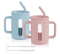 HOTUT 2 Pezzi Silicone Bicchiere Neonato, Tazza per Bambini con Coperchio in Cannuccia e Spazzola per Pulizia, 210 ml Tazza da Allenamento per Bambini, 100% Silicone per Uso Alimentare, Senza BPA