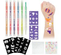 HOTUT Kit Tatuaggi Pennarelli,Tatuaggi Penne Bambini con 6 Glitterati Penna, 6 Tattoo Stencils, 2 Adesivi Diamanti,Fluorescenti Matite Trucco,Tatuaggi Marcatori Doppia per Halloween Eventi e Feste