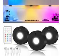 HOTUT Luce Led Sottopensile RGB,3 Pezzi Luce LED Vetrina RGB Ricaricabile USB con Telecomando,Batteria Luci Lampada Spot a Senza Filo Magnetico per Gabinetti,Vetrine(Nero)