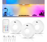 HOTUT Luce Led Sottopensile RGB,3 Pezzi Luce LED Vetrina RGB Ricaricabile USB con Telecomando,Batteria Luci Lampada Spot a Senza Filo Magnetico per Gabinetti,Vetrine(Bianco)