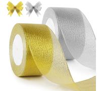 HOTUT Nastro di Organza Dorato Largo 50mm, 2 Rotoli Nastro Organza Rotolo Tulle Oro e Argento Nastro, 22 Metri Nastro Regalo con Glitterato per Confezioni Regalo, Decorazione per Matrimoni, Natale