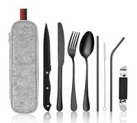 HOTUT Set di Posate Acciaio Inox, 9 Pezzi Posate Da Campeggio Kit con Borsa Portaoggetti, Posate Da Viaggio con Cucchiaio Forchetta Coltello Tavola Coltello Bistecca Bacchette Cannucce Spazzola, Nero