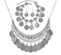 Houhounb Set di 4 orecchini a moneta metallizzata vintage e collana, set di gioielli in stile boho, per donne e ragazze, argento, Acciaio inossidabile