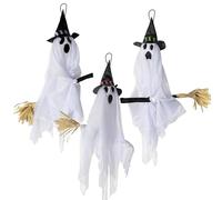 Hourleey Decorazioni a forma di fantasmi da appendere per Halloween, confezione da 3 pezzi, 58,4 cm, fantasmi bianchi volanti con scopa, decorazione di Halloween per esterni, per cortile, patio, prato