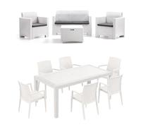 HOUSE COLLECTION, SET COMPLETO DA GIARDINO COMPOSTO DA SOFà, 2 POLTRONCINE E TAVOLINO + 1 TAVOLO PRANZO + 6 SEDIE DAFNE CON BRACCIOLI BIANCO (1 BCA100 + 6 ARE052 + 1 ARE054)