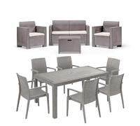 HOUSE COLLECTION, SET COMPLETO DA GIARDINO COMPOSTO DA SOFà, 2 POLTRONCINE E TAVOLINO + 1 TAVOLO PRANZO + 6 SEDIE DAFNE CON BRACCIOLI TORTORA (1 BCA120 + 6 ARE064 + 1 ARE068)