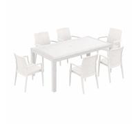 HOUSE COLLECTION, set da giardino 6 sedie modello Dafne con braccioli + 1 tavolo bianco linea rattan (6 ARE052 + 1 ARE054)