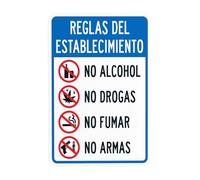 House Rules, Cartello di avvertimento con scritta in inglese "No Alcohol No Drugs No Smoking No Weapons, Prohibition Security", per affari, casa, strada, cortile, garage, muro stradale, sicurezza