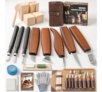 Housolution Kit per Intaglio del Legno 24 Pezzi con Custodia in Pelle, Include Coltelli, Scolpitori, Blocchi di Tiglio, Guanti e Attrezzi per Principianti e Hobby Fai da Te