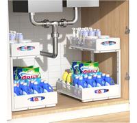 Housolution Organizer Sottolavello Cucina in Metallo, Scaffale Sottolavello Cucina Estraibile a 2 Livelli con Altezza Regolabile, Organizzatore Sottolavello per Armadio da Cucina, 2 Pezzi, Bianco