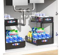 Housolution Organizer Sottolavello Cucina in Metallo, Scaffale Sottolavello Cucina Estraibile a 2 Livelli con Altezza Regolabile, Organizzatore Sottolavello per Armadio da Cucina, 2 Pezzi, Nero