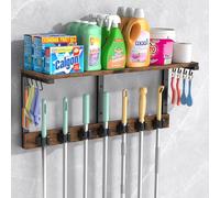 Housolution Porta Scope Parete con Ripiano per Prodotti per la Pulizia, Elevata Capacità di Carico di 45 Kg, Portascope da Muro Appendibile, Appendi Scope a Muro con 7 Supporti e 8 Ganci
