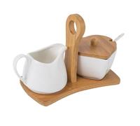 Housoutil Set Zuccheriera e Lattiera in Ceramica Bianca con Vassoio in Bambù e Cucchiaio Contenitori per Conservazione di Zucchero e Panna per Uso Domestico Decorazione Cucina Semplice e