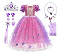 HOUSTAR Vestito Principessa Bambina, Vestito Rapunzel Bambina con Set Corona Principessa, Rapunzel Costume Principessa Carnevale, Sofia Vestito da Principessa per Compleanno Cosplay (110)