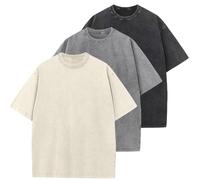 HOUZONIY 3PC T-Shirt Basic Oversized a Maniche Corte, Magliette Larghe Uomo, Washed Heavy T-Shirt Uomo, Casual, per Palestra(Beige/Nero/Grigio M)