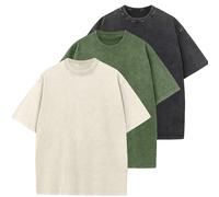 HOUZONIY 3PC T-Shirt Basic Oversized a Maniche Corte, Magliette Larghe Uomo, Washed Heavy T-Shirt Uomo, Casual, per Palestra(Verde Militare/Beige/Nero XL)