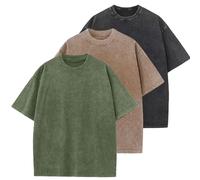 HOUZONIY 3PC T-Shirt Basic Oversized a Maniche Corte, Magliette Larghe Uomo, Washed Heavy T-Shirt Uomo, Casual, per Palestra(Verde Militare/caffè/Nero L)