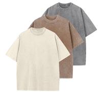 HOUZONIY 3PC T-Shirt Basic Oversized a Maniche Corte, Magliette Larghe Uomo, Washed Heavy T-Shirt Uomo, Casual, per Palestra(Beige/caffè/Grigio L)