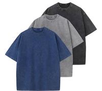 HOUZONIY 3PC T-Shirt Basic Oversized a Maniche Corte, Magliette Larghe Uomo, Washed Heavy T-Shirt Uomo, Casual, per Palestra(Blu/Grigio/Nero L)
