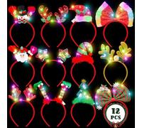 HOVACY 12 cerchietti per capelli natalizi luminosi, con LED, pupazzo di neve, Babbo Natale, elfo, fiocco, albero, stella, renna, corna in 12 stili, accessori per feste di Natale