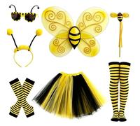HOVCEH Costume da ape per Halloween, Giornata mondiale del libro, 7 pezzi | Set costume da ape bombo, costume da ape, per adulti, con occhiali, gonna, calze, guanti, bacchetta fata, fascia, ali