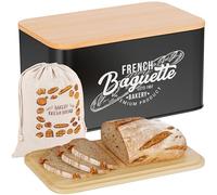 Hovea - Portapane “French Baguette” - 30 x 18 x 16 cm - Metallo & Bambù - Con Sacchetto per il Pane - Per Baguette, Pan Carré, Fette Biscottate - Contenitore Pane - Nero - BP301