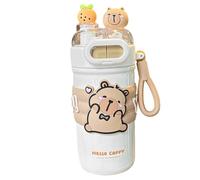 HoveeLuty Borraccia Capibara con Coperchio e Cannuccia, 520 ml, in Acciaio Inox, isolata, Tazza Portatile con Portachiavi, Borraccia Bianca, Capibara isolata per la Scuola, Carina