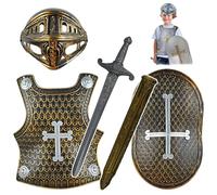 HoveeLuty Costume da Cavaliere per Bambini, 4 Pezzi/Set, Armatura Medievale da Cavaliere, Include Elmo, Scudo, Spada e Armatura, Costumi per Bambini per Giochi di Ruolo, Cosplay, Halloween, da cav