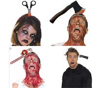 HoveeLuty Costume da zombie, fasce spaventose per costume di Halloween, confezione da 4 pezzi, in plastica e gomma, con taglierina e forbici attraverso la testa, accessori per il trucco per