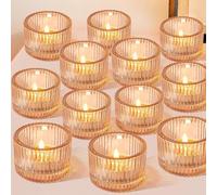 HOVIBU Set di 12 Mini Portacandele in Vetro Trasparente, Porta Candele da Tavolo 5cm x 3.8cm, Portacandela Tealight per Centrotavola Decorazioni Natalizie Matrimoni Casa e Feste