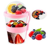 HOVUK Pentole per yogurt rosa, da 590 ml, riutilizzabili, per la notte, con coperchio e cucchiaio, pentola per la colazione in viaggio, tazza per muesli per insalate, frutta, latte di cereali,
