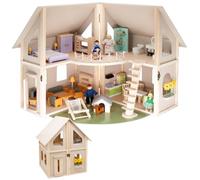 Howa 7016 Casetta di bambole in legno, pieghevole, include 30 mobili, 4 bambole e un cane, con 4 stanze, balcone, giardino, con scale, casetta di bambole, naturale, beige